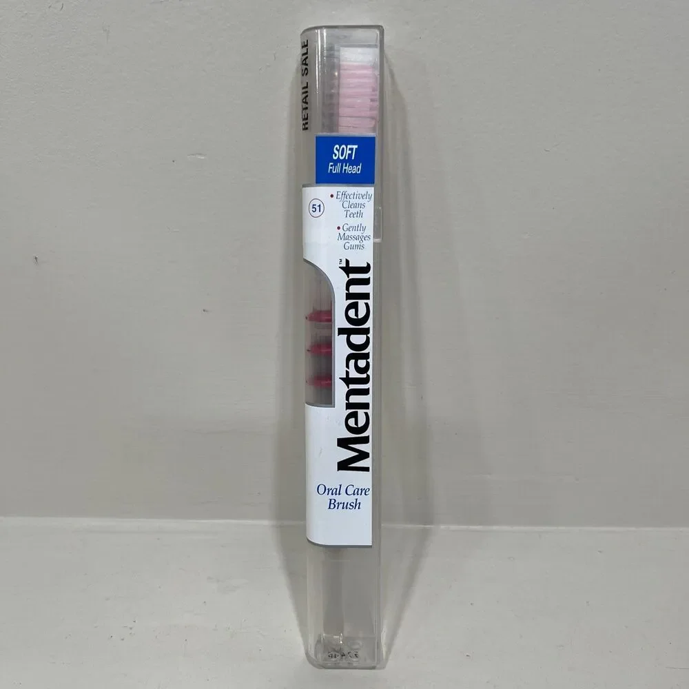 Mentadent 51 Toothbrush Soft Full Head Flared Side Bristles Pink Red Handle